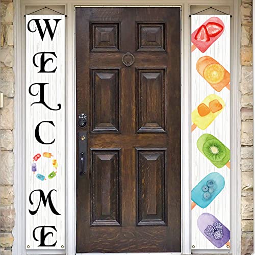 Summer Popsicle Porch Banner Welcome Summer Seasonal Holiday Party Farmhouse Front Door Sign Wall Hanging Banner Decoration