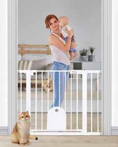 newnice 40.6″ -29.7″ auto close baby gate with small cat door, easy walk thru & durable dog pet gates for stairs, doorway, house, pressure mounted safety child gate includes 4 wall cups