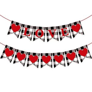 dudou valentine’s day love banner red heart buffalo plaid garlands black white hanging bunting sign home mantel party decorations