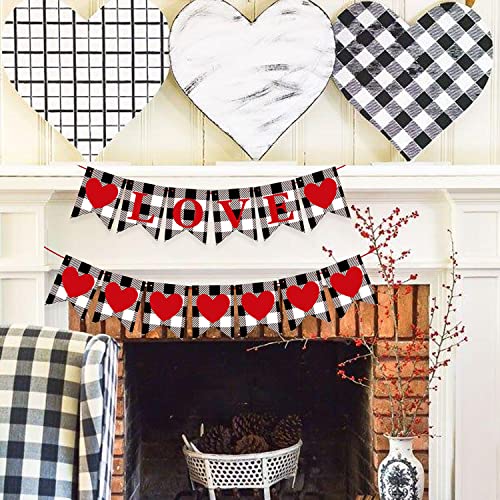 DUDOU Valentine's Day Love Banner Red Heart Buffalo Plaid Garlands Black White Hanging Bunting Sign Home Mantel Party Decorations