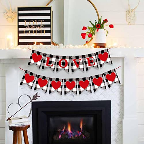 DUDOU Valentine's Day Love Banner Red Heart Buffalo Plaid Garlands Black White Hanging Bunting Sign Home Mantel Party Decorations