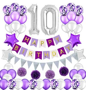 colorpartyland purple and silver birthday decorations set-purple happy birthday banner latex and confetti balloons paper garland huge number 10 balloons for girls 10th birthday party