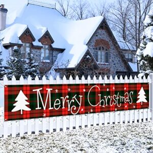Large Merry Christmas Banner Xmas Outdoor Decorations Double Printed Green Red Buffalo Plaid Trees 120" x 20" Huge Yard Sign Holiday Party Supplies Backdrop Home Decor Ornaments for Garden House Fence Garage Indoor Gifts
