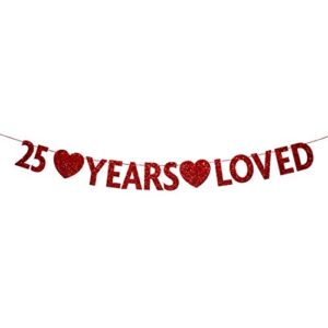 red 25 year loved banner, red glitter happy 25th birthday party decorations, supplies