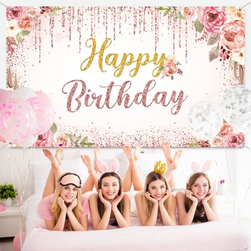 Rose Gold Happy Birthday Backdrop for Girls Women Happy Birthday Party Photography Background Decoration Photoshoot Banner (6.1 x 3.6ft)