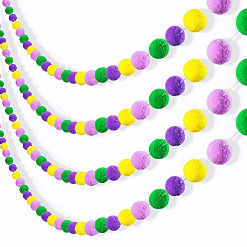 3 Pieces Mardi Gras Pom Pom Ball Garland Carnival Wool Felt Ball Garland Banner Purple Green Yellow Hanging Banner Decoration for Mardi Gras Carnival Party Festivals Decoration