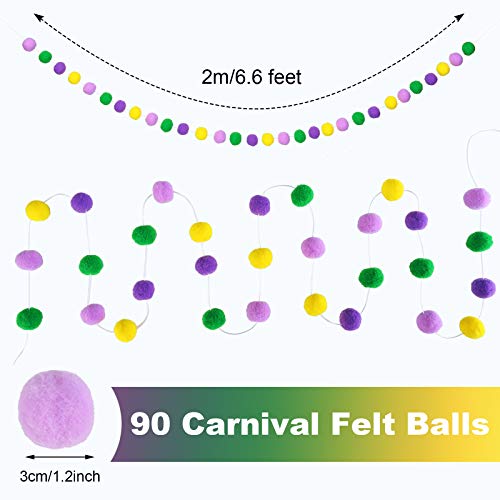 3 Pieces Mardi Gras Pom Pom Ball Garland Carnival Wool Felt Ball Garland Banner Purple Green Yellow Hanging Banner Decoration for Mardi Gras Carnival Party Festivals Decoration