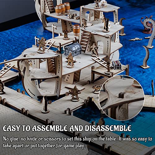 3D RPG Miniatures Ship Wood Laser Cut, 3-Level with 1" Grid Battle Terrain Map Perfect for D&D, Pathfinderor Other Tabletop Games