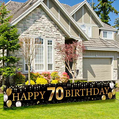 70th Birthday Decorations Yard Banner, Happy 70th Birthday Decorations For Men Women, Black Gold 70 Years Old Birthday Party Sign Backdrop Decorations for Outdoor Indoor, Fabric Sturdy, Vicycaty