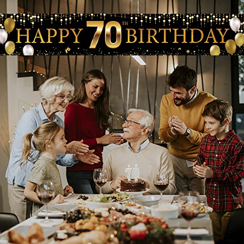 70th Birthday Decorations Yard Banner, Happy 70th Birthday Decorations For Men Women, Black Gold 70 Years Old Birthday Party Sign Backdrop Decorations for Outdoor Indoor, Fabric Sturdy, Vicycaty