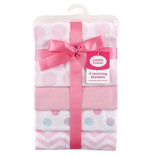 Luvable Friends Unisex Baby Cotton Flannel Receiving Blankets, Pink Dots 4-Pack, One Size