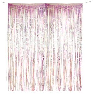 andaz press iridescent holographic foil fringe party door curtain backdrop, 2-pack, 6-feet total width x 8-feet height, shiny metallic iridescent themed decorations, birthday, baby shower, bachelorett