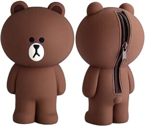 pencil case 3d silicone cartoon cute brown bear storage box with back zipper portable hand-held wallet students stationery pen holders cosmetic makeup