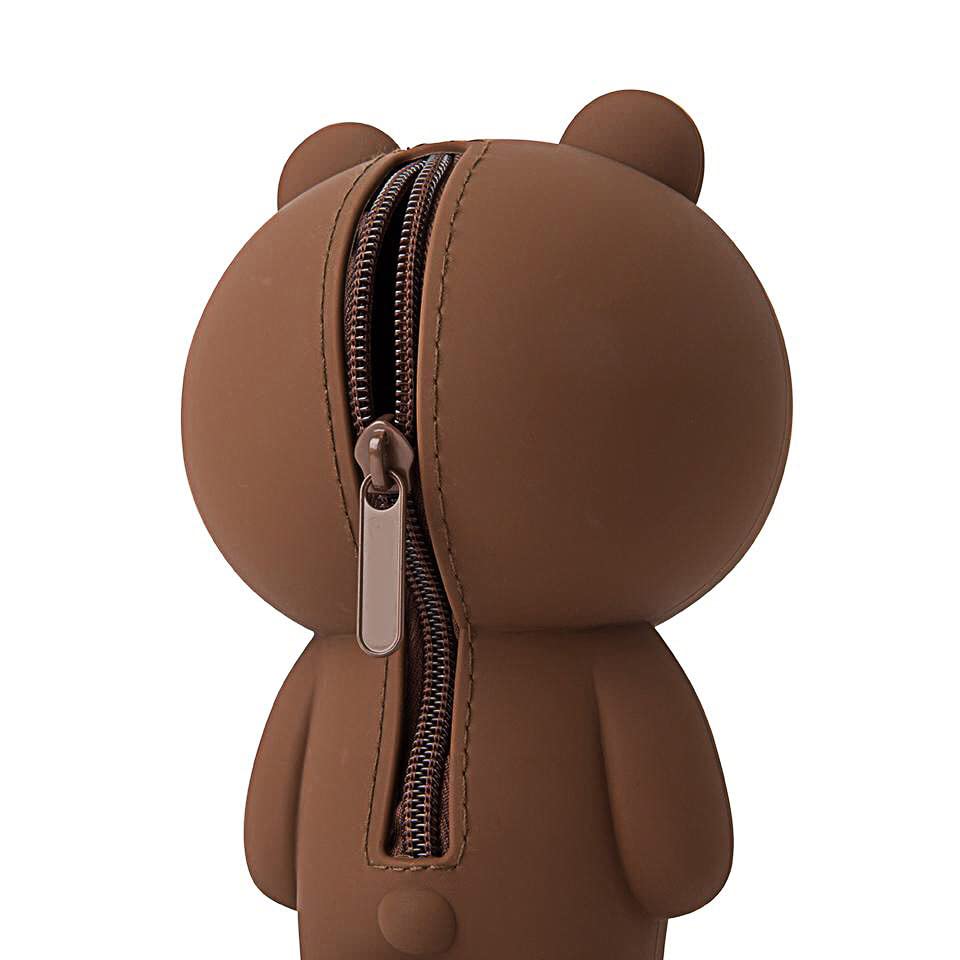 Pencil Case 3D Silicone Cartoon Cute Brown Bear Storage Box with Back Zipper Portable Hand-held Wallet Students Stationery Pen Holders Cosmetic Makeup