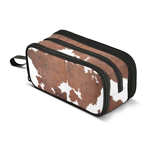 TSENQUE Brown Cow Print Pencil Case Big Capacity 3 Compartments Pencil Bag Large Storage Pen Box Pouch for College School Office