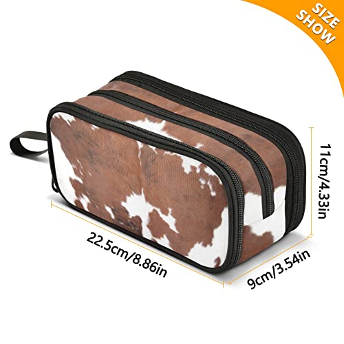TSENQUE Brown Cow Print Pencil Case Big Capacity 3 Compartments Pencil Bag Large Storage Pen Box Pouch for College School Office