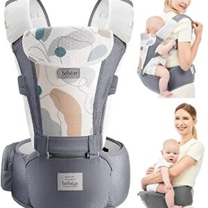 Bebamour Baby Carrier Newborn Front and Back Carry Baby Carrier Newborn to Toddler Baby Hip Carrier with Head Hood & 3 Pieces Teething Pads (Grey)