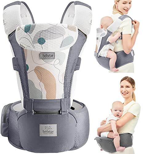 Bebamour Baby Carrier Newborn Front and Back Carry Baby Carrier Newborn to Toddler Baby Hip Carrier with Head Hood & 3 Pieces Teething Pads (Grey)