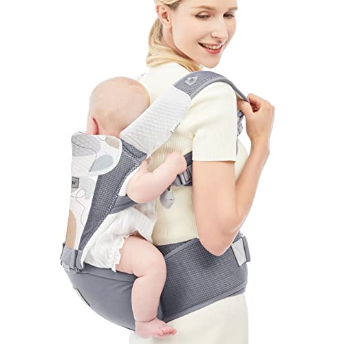 Bebamour Baby Carrier Newborn Front and Back Carry Baby Carrier Newborn to Toddler Baby Hip Carrier with Head Hood & 3 Pieces Teething Pads (Grey)