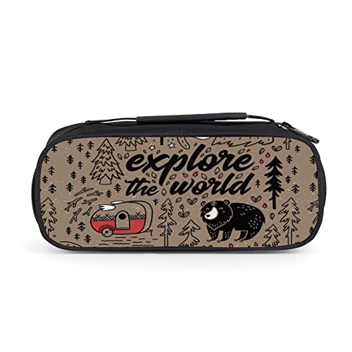 Large pencil case,explore the world bear pencil bag stationery bag portable large storage bag pencil box pencil holder