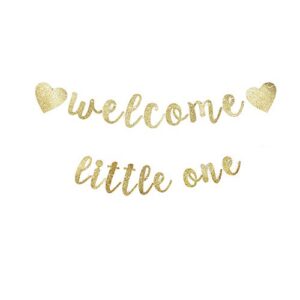 welcome little one banner, baby shower/baby’s 1st birthday party backdrops decorations gold gliter paper sign