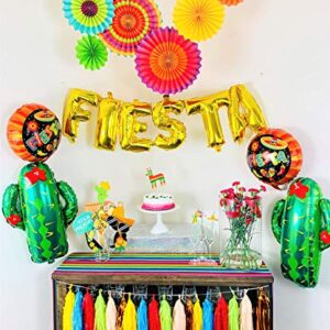 FIESTA PARTY Decorations Supplies kit - Cactus decor foil Balloons, Gold Fiesta balloon banner, Fiesta helium balloons, Coco party paper tassel garland, Mexican party style paper fans- Cinco de mayo