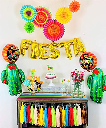 FIESTA PARTY Decorations Supplies kit - Cactus decor foil Balloons, Gold Fiesta balloon banner, Fiesta helium balloons, Coco party paper tassel garland, Mexican party style paper fans- Cinco de mayo