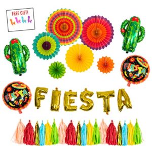 FIESTA PARTY Decorations Supplies kit - Cactus decor foil Balloons, Gold Fiesta balloon banner, Fiesta helium balloons, Coco party paper tassel garland, Mexican party style paper fans- Cinco de mayo