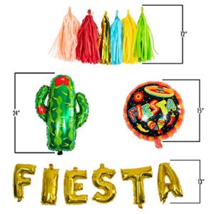 FIESTA PARTY Decorations Supplies kit - Cactus decor foil Balloons, Gold Fiesta balloon banner, Fiesta helium balloons, Coco party paper tassel garland, Mexican party style paper fans- Cinco de mayo