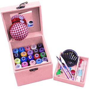 tinton life 2 layers sewing kits with vintage box sewing accessories supplies kits for adults kids beginner travel sewing basket metal handle pink