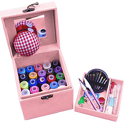 TINTON LIFE 2 Layers Sewing Kits with Vintage Box Sewing Accessories Supplies Kits for Adults Kids Beginner Travel Sewing Basket Metal Handle Pink