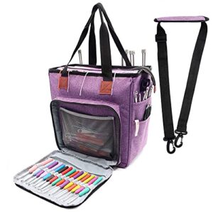 fangze yarn bag-knitting bags upgraded yarn tote bag organizer crochet with grommets and belt for crochet hooks,knitting needles and accessories(purple)