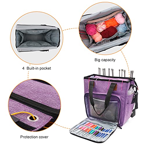 Fangze Yarn Bag-Knitting Bags Upgraded Yarn Tote Bag Organizer Crochet with Grommets and Belt for Crochet Hooks,Knitting Needles And Accessories(Purple)