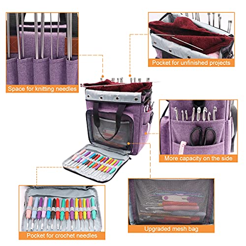 Fangze Yarn Bag-Knitting Bags Upgraded Yarn Tote Bag Organizer Crochet with Grommets and Belt for Crochet Hooks,Knitting Needles And Accessories(Purple)