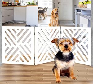 bundaloo freestanding dog gate expandable decorative wooden fence for small to medium pet dogs, barrier for stairs, doorways, & hallways (lattice – white)