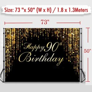 Happy 90th Birthday Party Decorations Backdrop, Black Gold Glitter Bokeh Dots Birthday Party Photo Background Cake Table Banner Extra Large Wall Decor Props Party Decorations Supplies (73'' x 50'')