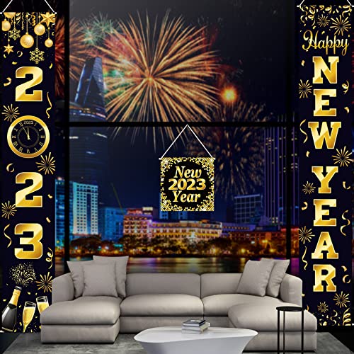 Happy New Year Decoration Set New Year Porch Sign Welcome New Year Banner Hanging Decoration for Indoor/Outdoor New Year Decoration New Year Party Gold New Year (2023)