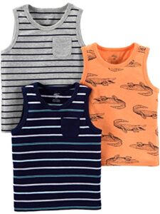 simple joys by carter’s toddler boys’ tank tops, pack of 3, blue/orange/grey, stripe/alligator, 3t