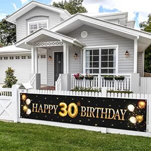 kimini-ki happy 30th birthday banner, lager 30th birthday banner backdrops, dirty 30 banner, 30th years old decor, 30th birthday party decorations for men or women – black and gold (30th)