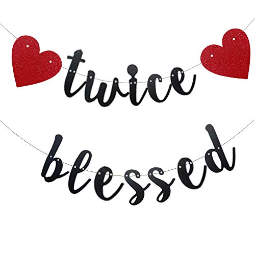 Twice blessed Banner Black Glitter Paper Party Decorations For Baby Shower Pregnancy Announcement Gender Reveal Lovely Baby Girls Or Baby Boys Birthday Party Supplies Letters Black ZHAOFEIHN