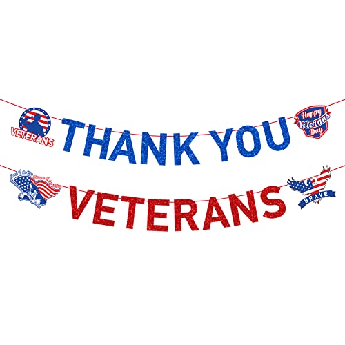 JKQ Blue Red Glitter Thank You Veterans Banner Happy Veterans Day Garland Banner Land of the Free Because of the Brave Honoring All Who Served America Patriotic Party Fireplace Mantle Wall Decorations Supplies