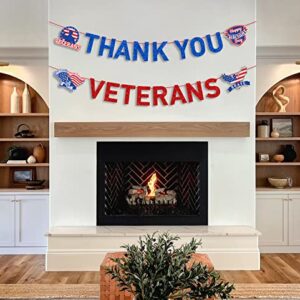 JKQ Blue Red Glitter Thank You Veterans Banner Happy Veterans Day Garland Banner Land of the Free Because of the Brave Honoring All Who Served America Patriotic Party Fireplace Mantle Wall Decorations Supplies