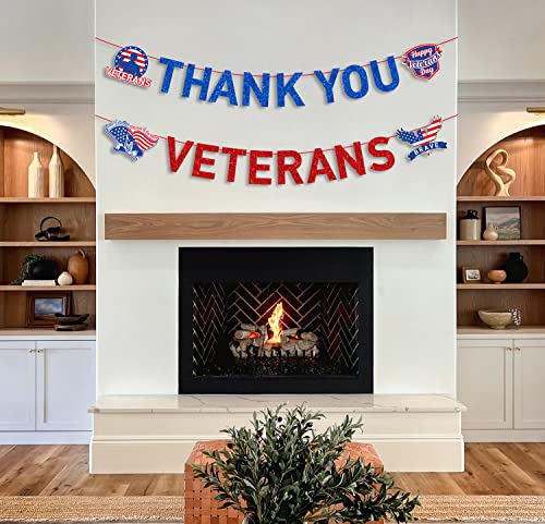 JKQ Blue Red Glitter Thank You Veterans Banner Happy Veterans Day Garland Banner Land of the Free Because of the Brave Honoring All Who Served America Patriotic Party Fireplace Mantle Wall Decorations Supplies