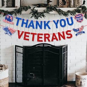 JKQ Blue Red Glitter Thank You Veterans Banner Happy Veterans Day Garland Banner Land of the Free Because of the Brave Honoring All Who Served America Patriotic Party Fireplace Mantle Wall Decorations Supplies