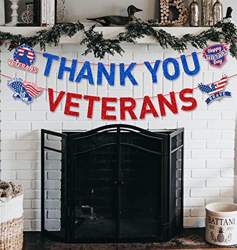 JKQ Blue Red Glitter Thank You Veterans Banner Happy Veterans Day Garland Banner Land of the Free Because of the Brave Honoring All Who Served America Patriotic Party Fireplace Mantle Wall Decorations Supplies