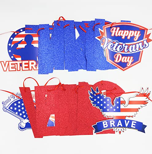 JKQ Blue Red Glitter Thank You Veterans Banner Happy Veterans Day Garland Banner Land of the Free Because of the Brave Honoring All Who Served America Patriotic Party Fireplace Mantle Wall Decorations Supplies