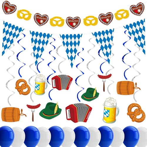 Dazonge 26ct Oktoberfest Decorations Kit | Pre-assembled 12 Oktoberfest Hanging Swirls with Cutouts, 12 Oktoberfest Balloons, 1 Oktoberfest Flag Pennant Banner and 1 Oktoberfest Cutout Garland | Oktoberfest Party Decorations