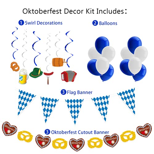 Dazonge 26ct Oktoberfest Decorations Kit | Pre-assembled 12 Oktoberfest Hanging Swirls with Cutouts, 12 Oktoberfest Balloons, 1 Oktoberfest Flag Pennant Banner and 1 Oktoberfest Cutout Garland | Oktoberfest Party Decorations