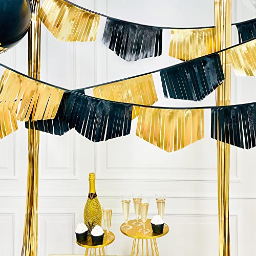 Black and Gold Tassel Banner Double Sided Metallic Fabric Pennant Bunting Flag Garland for Graduation Anniversary Bachelorette Birthday Engagement Wedding Bridal Shower Hen Party Decorations Supplies