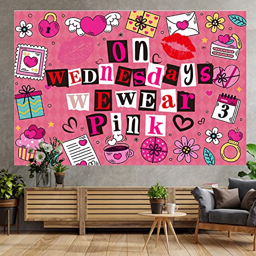 On Wednesdays We Wear Pink Hot Rose Lip Banner Backdrop Burn Book Theme Decor for Bridal Shower Wedding Night Out Hen Movie Party Bachelorette Party Supplies Girls Woman Birthday Party Decorations